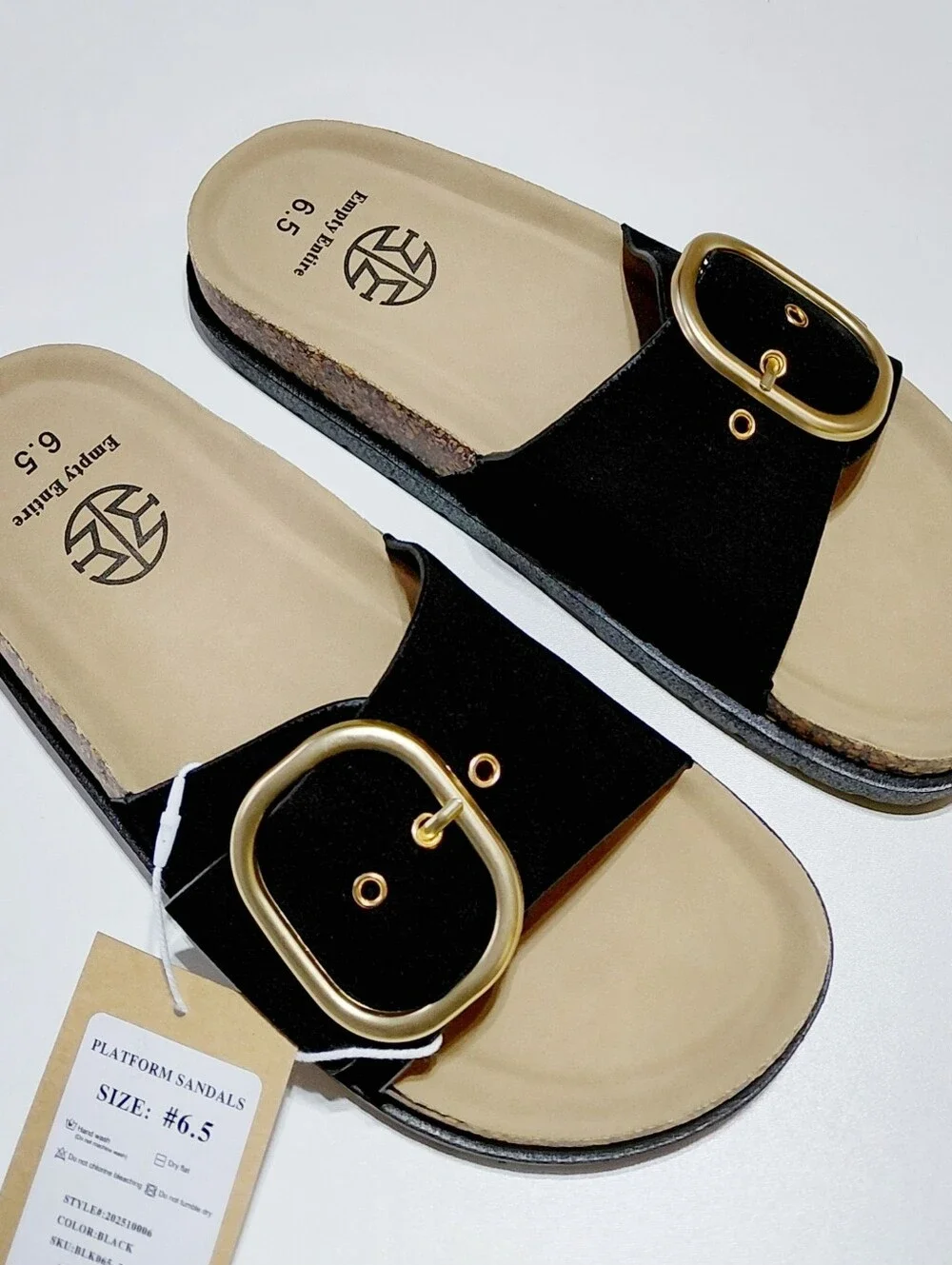 EMPTY ENTIRE Women’s Black Platform Sandals with Gold Buckle Size 6.5